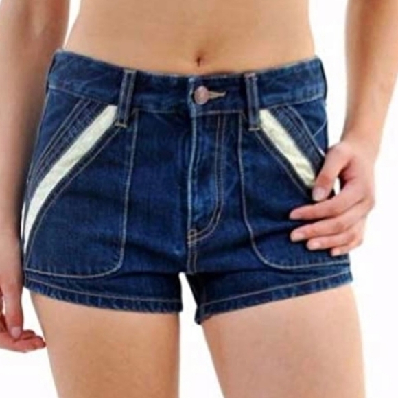 Free People Dark Wash White Eyelet Pockets Trim High Waisted Shorts - Picture 4 of 7